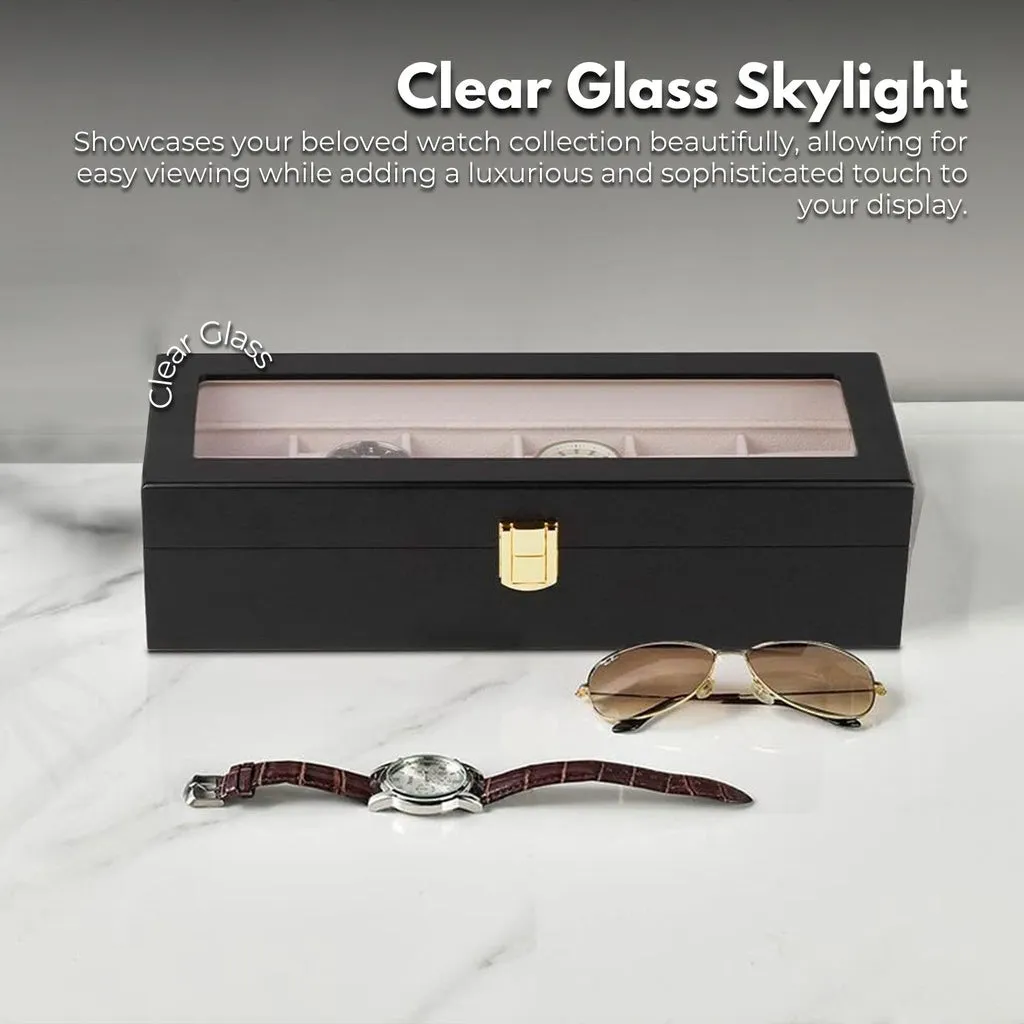 6 Slot Watch Display Box, High-Transparency Glass, Black Wood, Gominimo