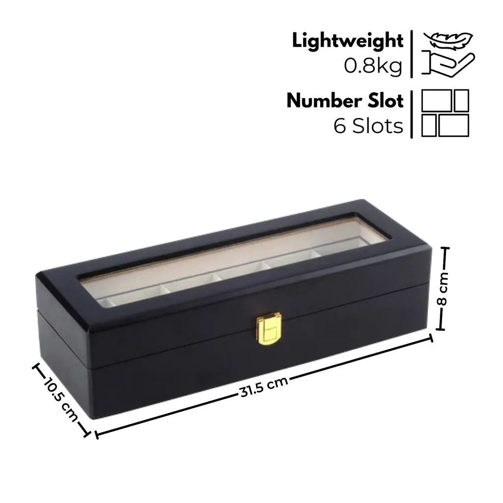 6 Slot Watch Display Box, High-Transparency Glass, Black Wood, Gominimo