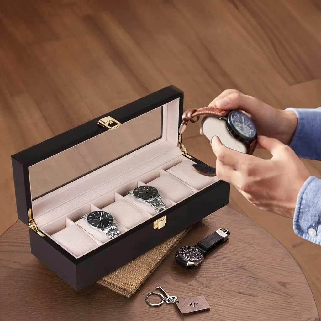 6 Slot Watch Display Box, High-Transparency Glass, Black Wood, Gominimo