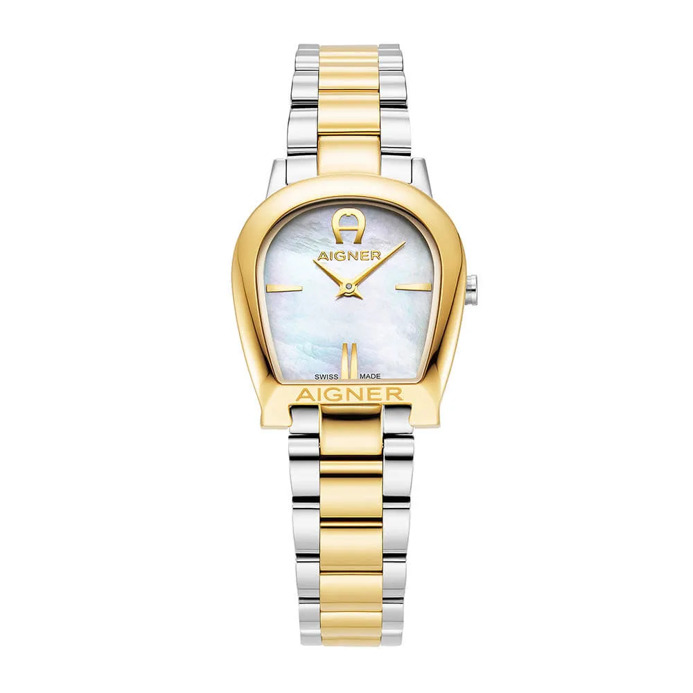 Aigner Alessandria Ladies White MOP Dial Stainless Steel Silver Gold Plated Watch