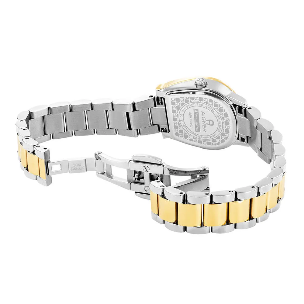 Aigner Alessandria Ladies White MOP Dial Stainless Steel Silver Gold Plated Watch