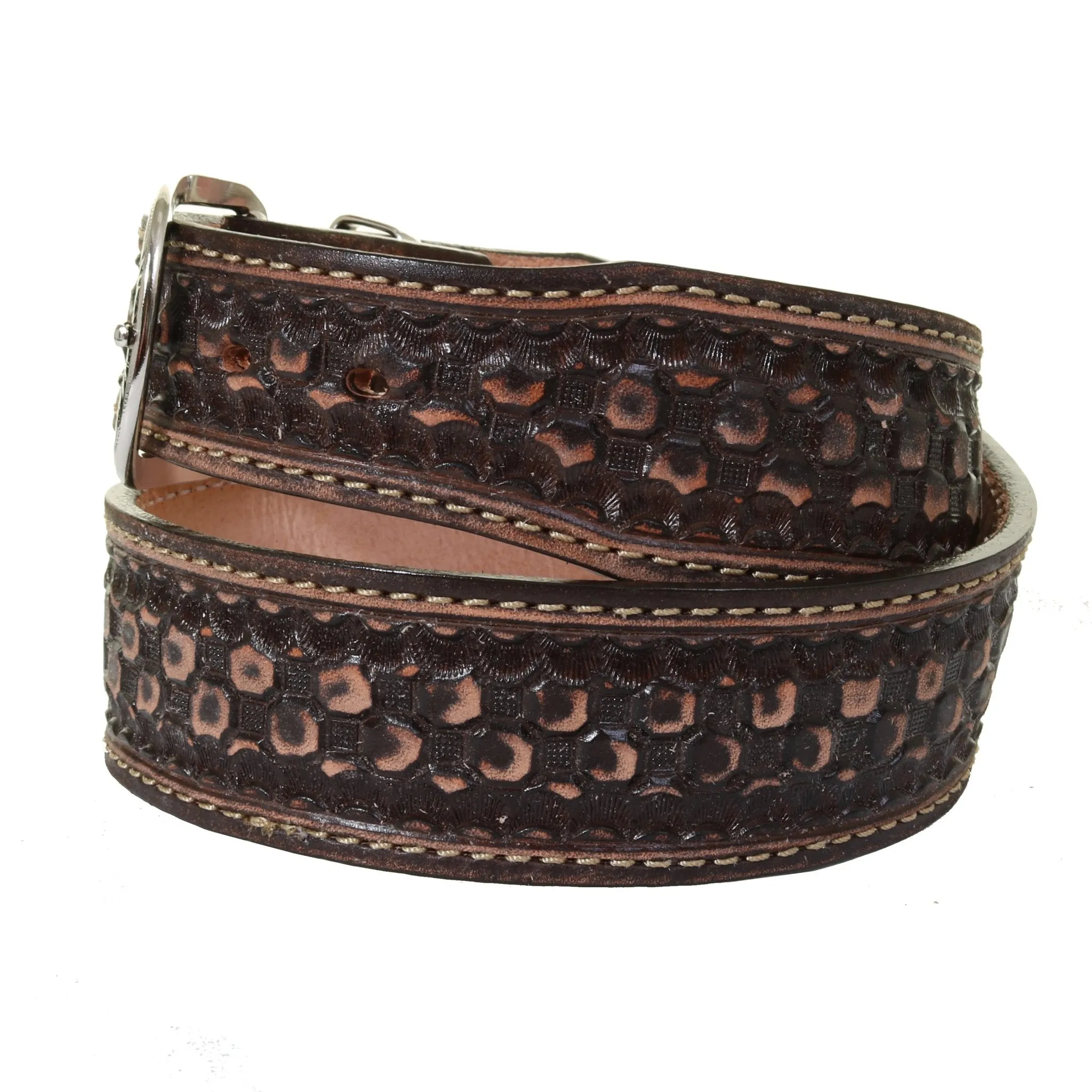 B1166 - Brown Vintage Honey Comb Tooled Belt