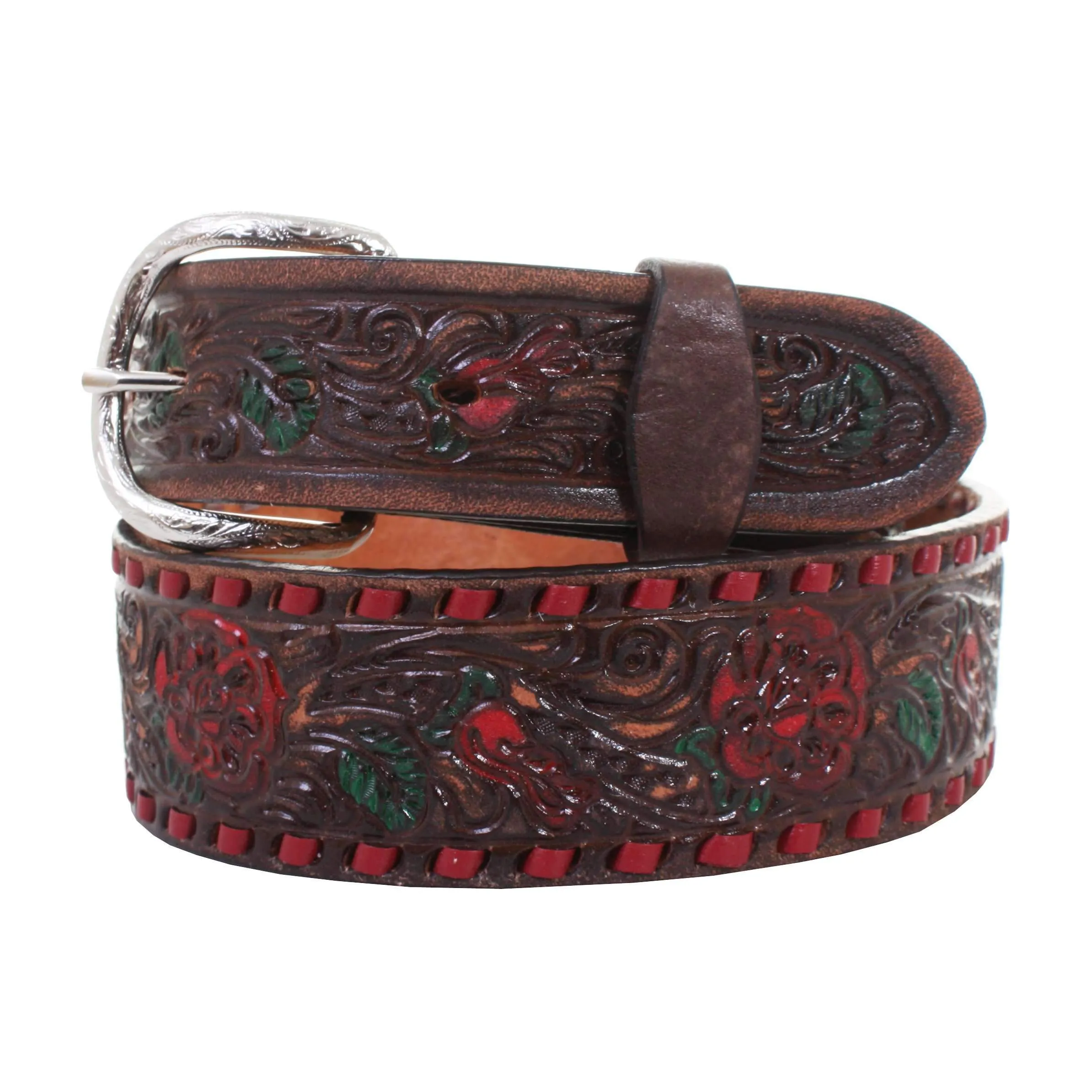 B878 - Brown Vintage Painted Tooled Belt