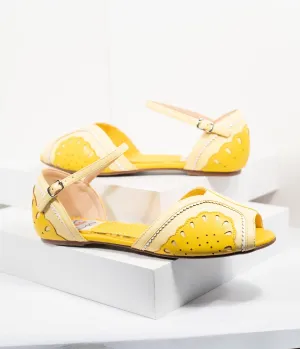 Bettie Page Yellow Leatherette Peep Toe Fruitie Lemon Sandals