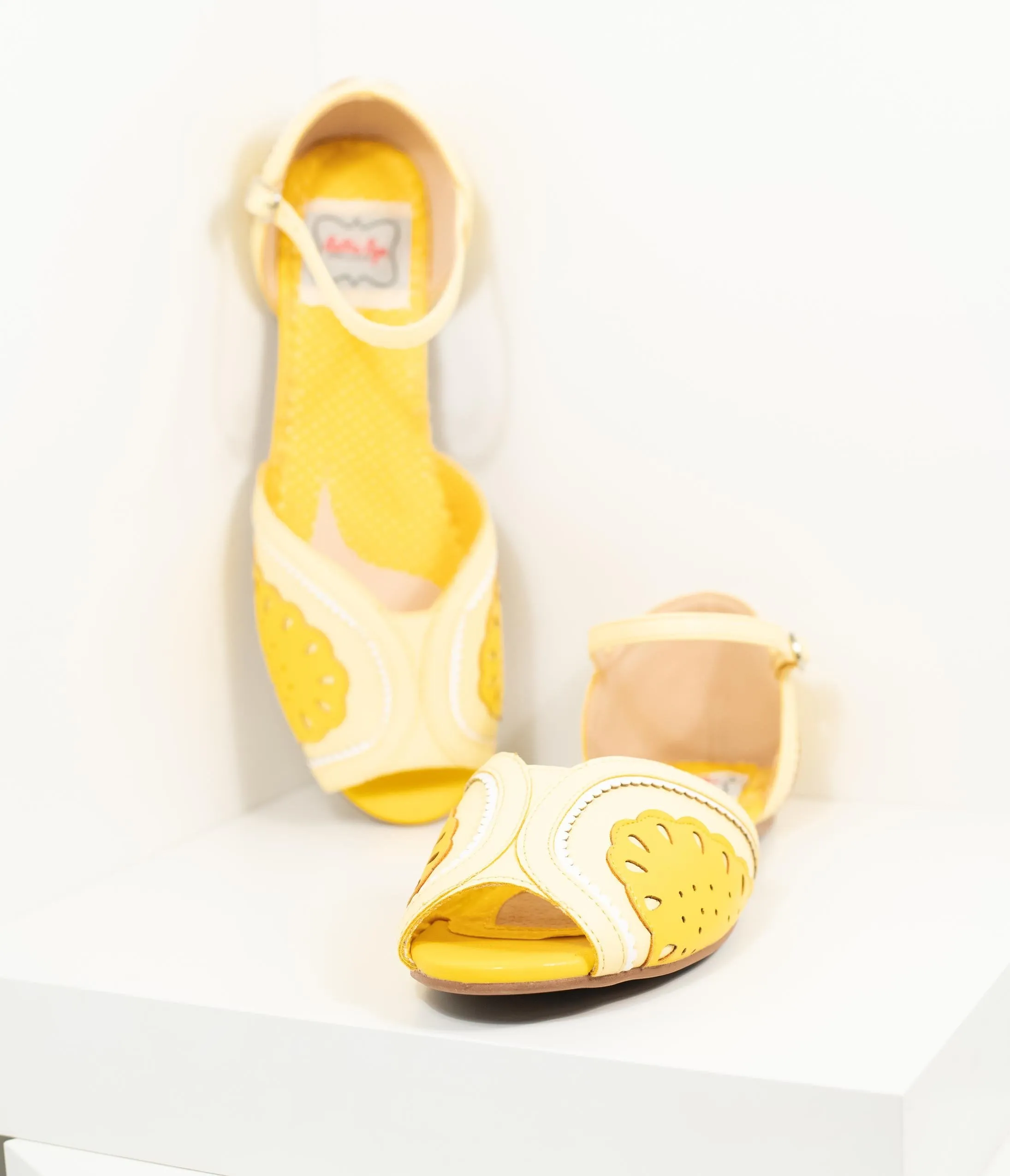 Bettie Page Yellow Leatherette Peep Toe Fruitie Lemon Sandals