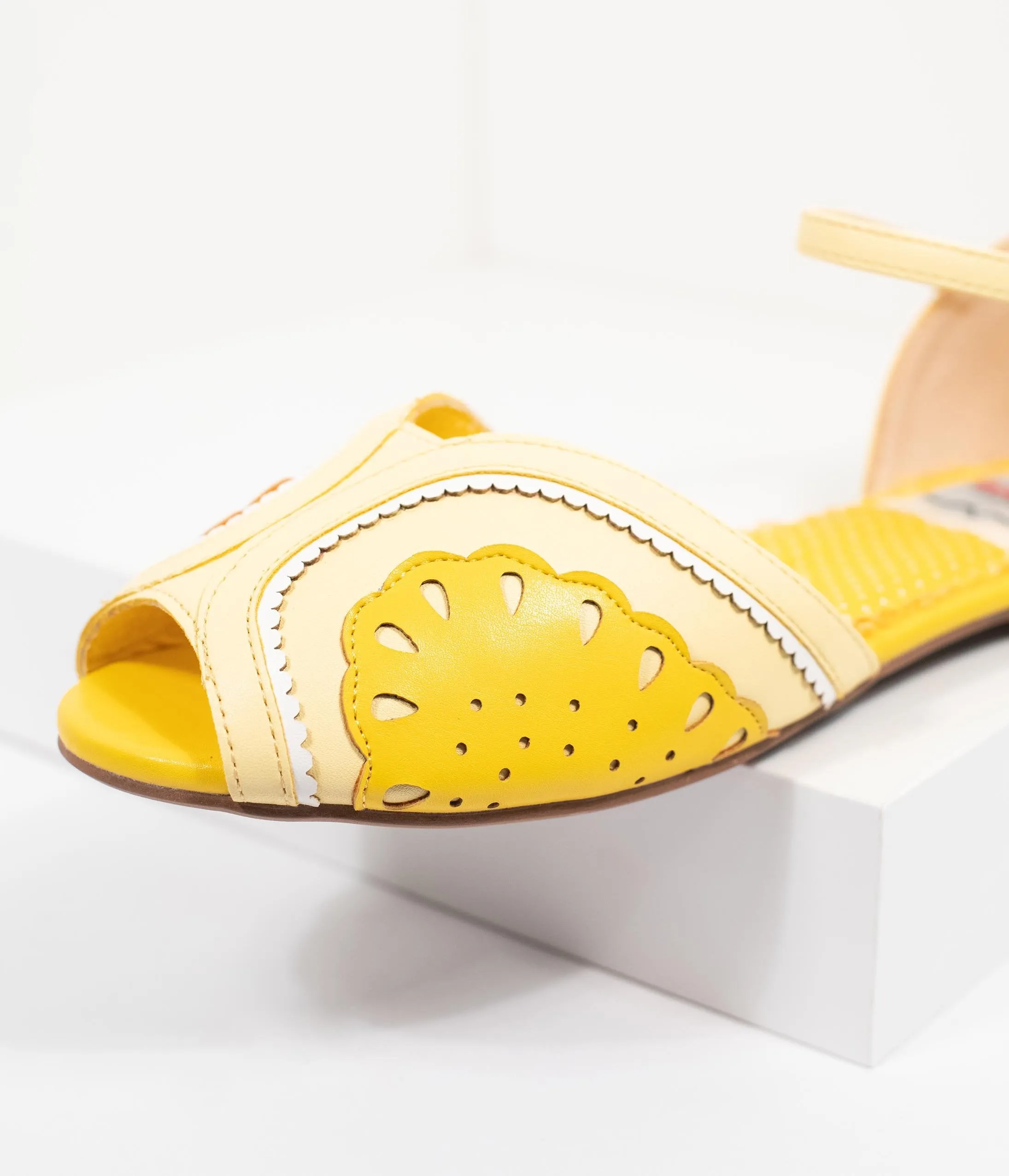 Bettie Page Yellow Leatherette Peep Toe Fruitie Lemon Sandals