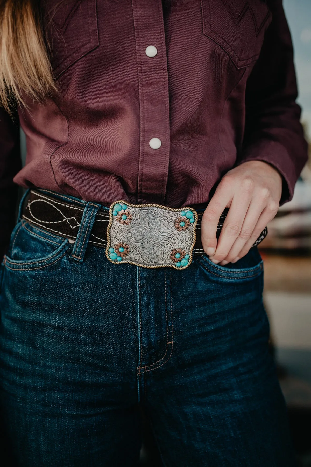 Blazin' Roxx Faux Turquoise Accented and Floral Buckle