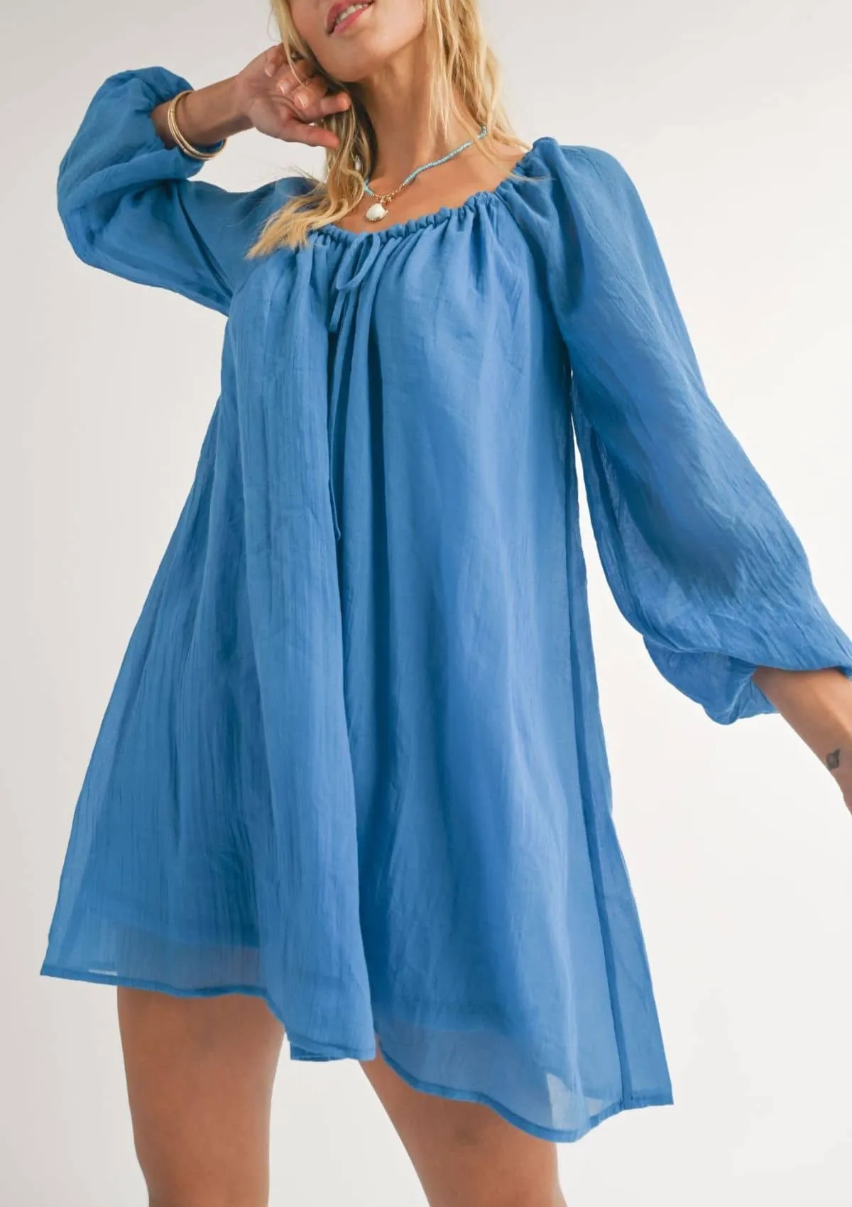 Coastal Long Sleeve Flowy Mini Dress - Blue