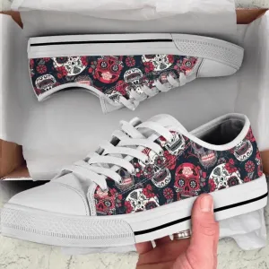 Day Of Dead Read And White Skulls Low Top Shoes, Low Top Sneaker, Low Top Canvas Shoes