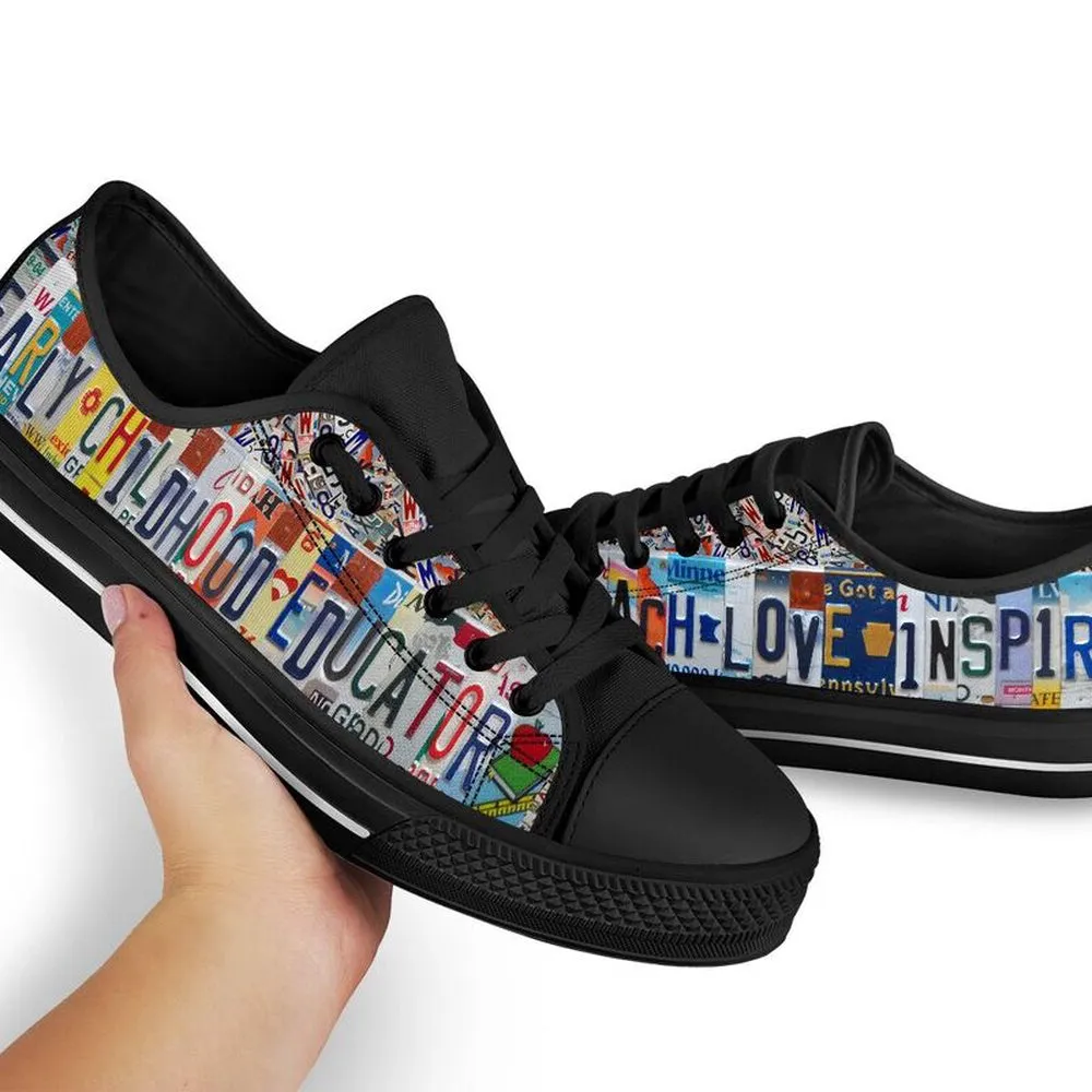 Early Childhood Education License Plates Low Top Black Shoes, Teacher Shoes, Low Top Sneakers