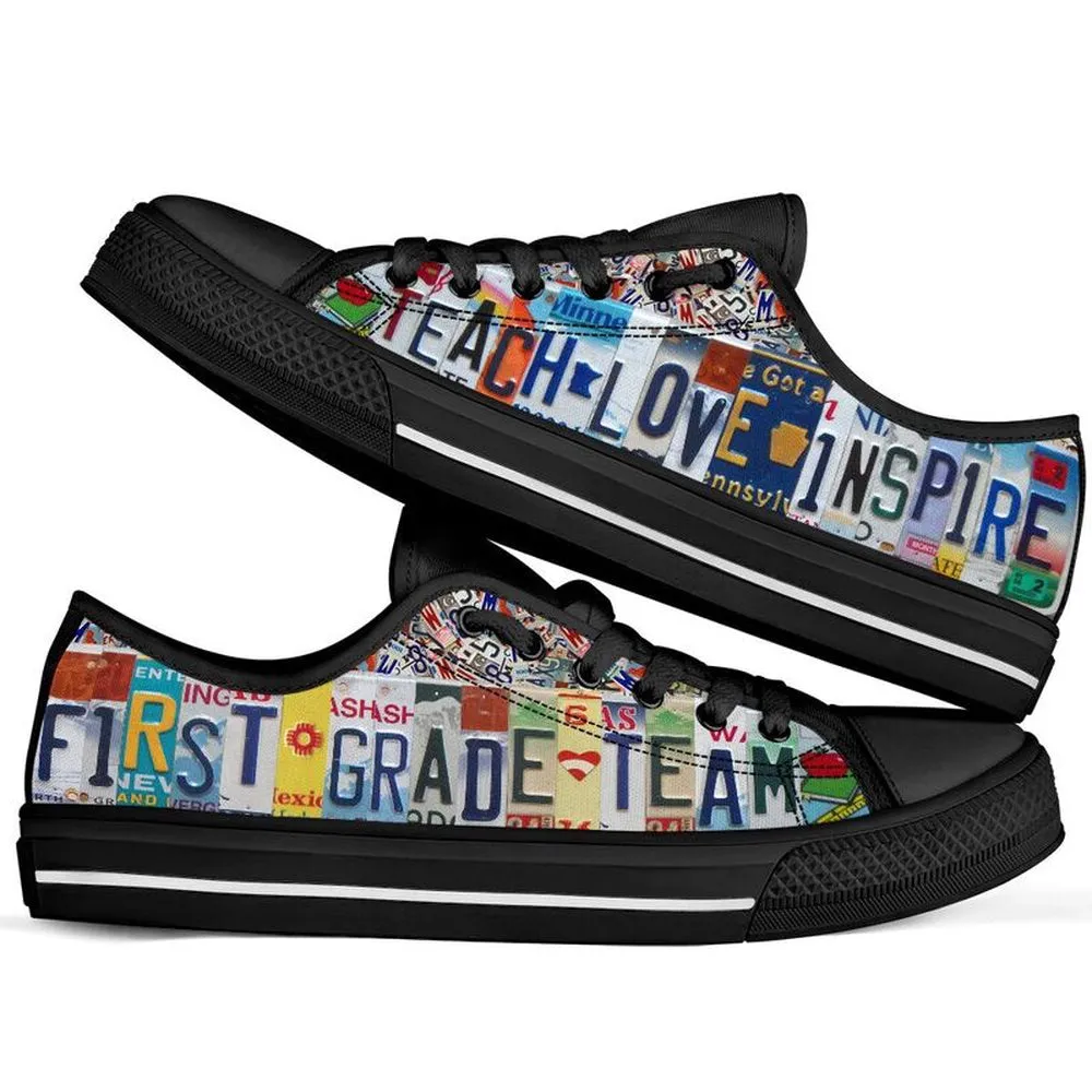 First Grade Team License Plates Low Top Black Shoes, Teacher Shoes, Low Top Sneakers