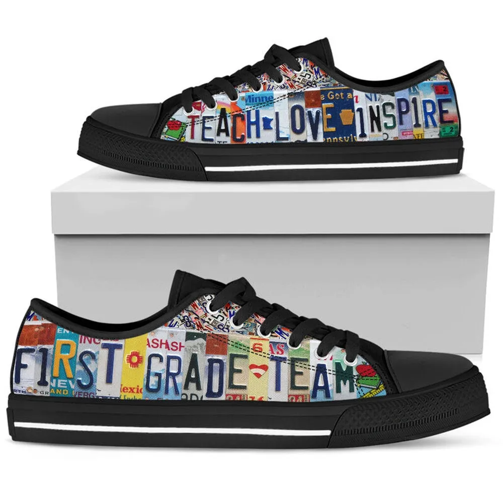 First Grade Team License Plates Low Top Black Shoes, Teacher Shoes, Low Top Sneakers