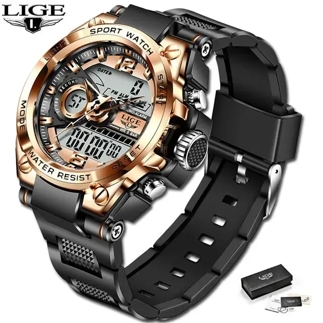 LIGE Sport Men Quartz Digital Watch Creative Diving Watches Men Waterproof Alarm Watch Dual Display Clock Relogio Masculino