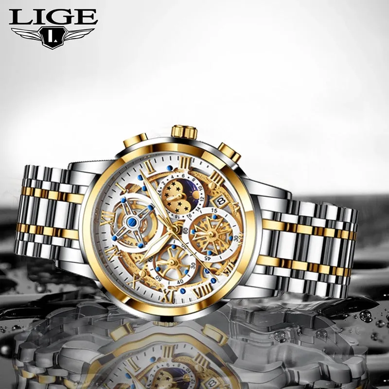 LIGE Top Brand Original Sports Quartz Waterproof Chronograph Wristwatch for Men