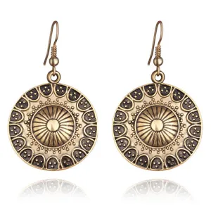 New Boho Vintage Silver Round Earrings For Women Hollow Flower Pending Earrings Pendant Enthic Jewelry Long Ear Hook Accessory