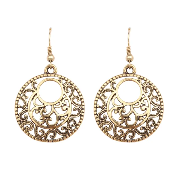 New Boho Vintage Silver Round Earrings For Women Hollow Flower Pending Earrings Pendant Enthic Jewelry Long Ear Hook Accessory