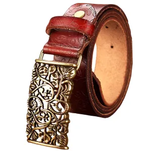 New Fashion Cow Genuine leather belt woman Vintage floral metal buckle Wide belts for women Top quality strap for female jeans