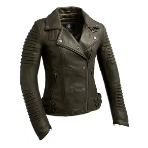 Queens Womens Fashion Leather Jacket Army Green