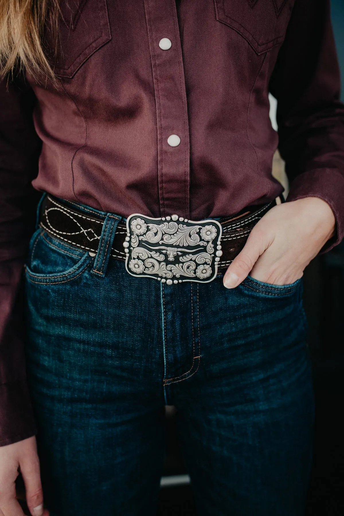 Rectangular Nocona Black and Silver Longhorn Buckle