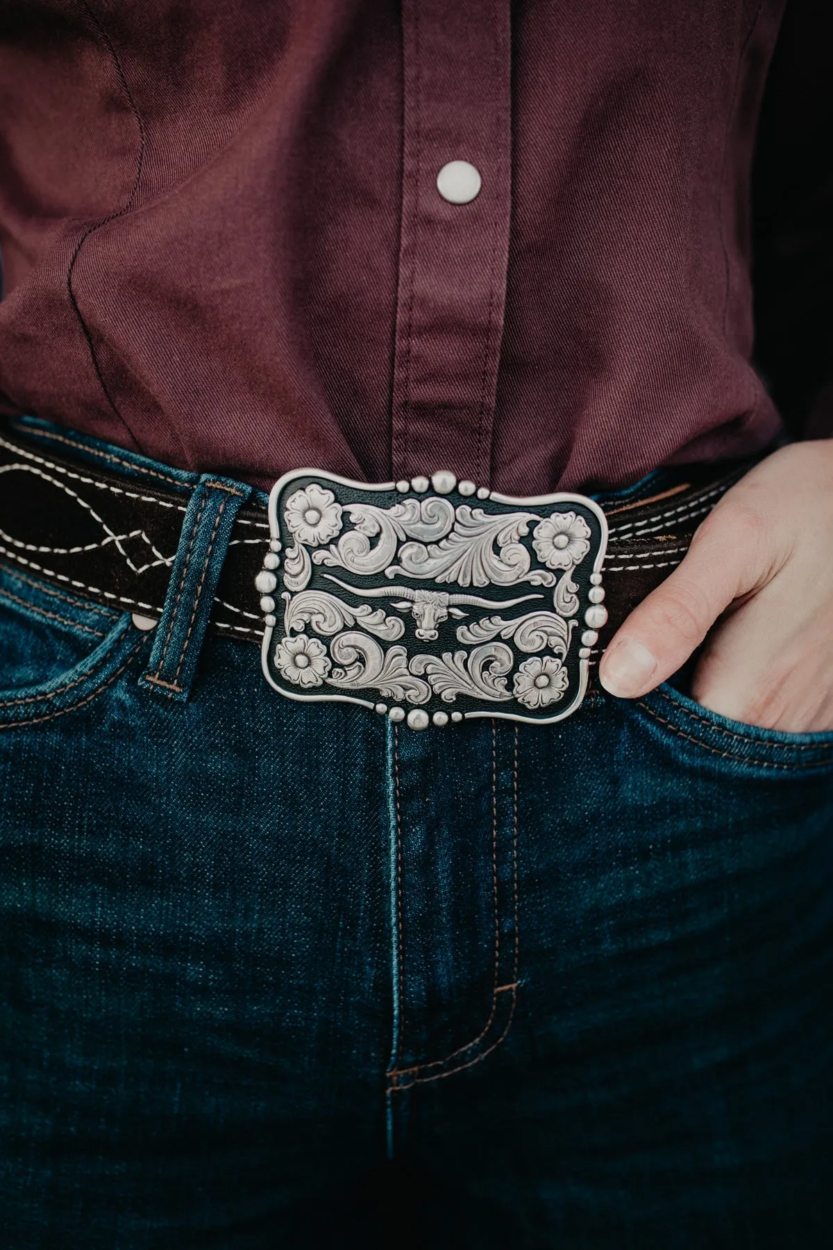 Rectangular Nocona Black and Silver Longhorn Buckle