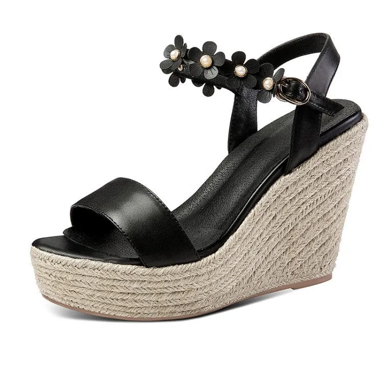 Summer New Leather Women's Shoes With Straw Woven Platform Platform Toe High Heels