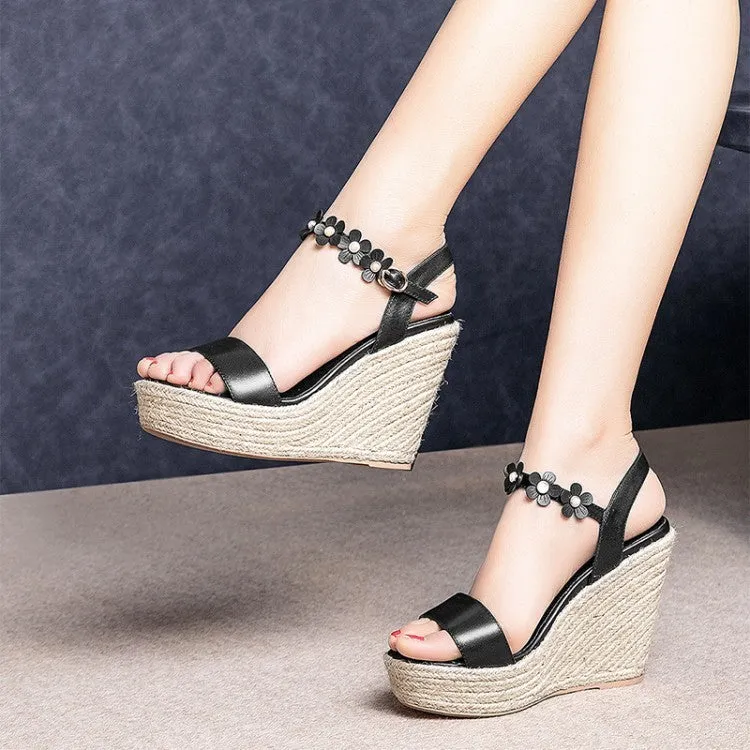 Summer New Leather Women's Shoes With Straw Woven Platform Platform Toe High Heels