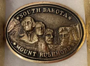 Vintage 1978 Metal Belt Buckle, Brass, South Dakota, Mount Rushmore, Presidents, Nice Western Design, 3 1/2" x 2 1/2", Heavy Duty, Quality