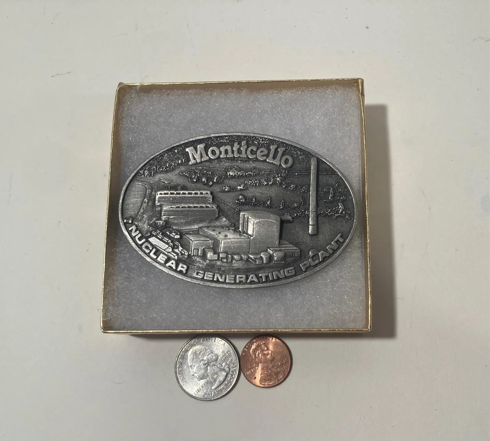 Vintage 1984 Metal Belt Buckle, Pewter, Monticello, Nuclear Generating Plant, Nuclear Power Plant, Power Company, Energy