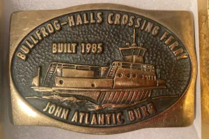 Vintage 1985 Metal Belt Buckle, Brass, Bullfrog Halls Crossing Ferry, John Atlantic Burr,  Nice Western Style Design, 3 1/2" x 2 1/2, Heavy