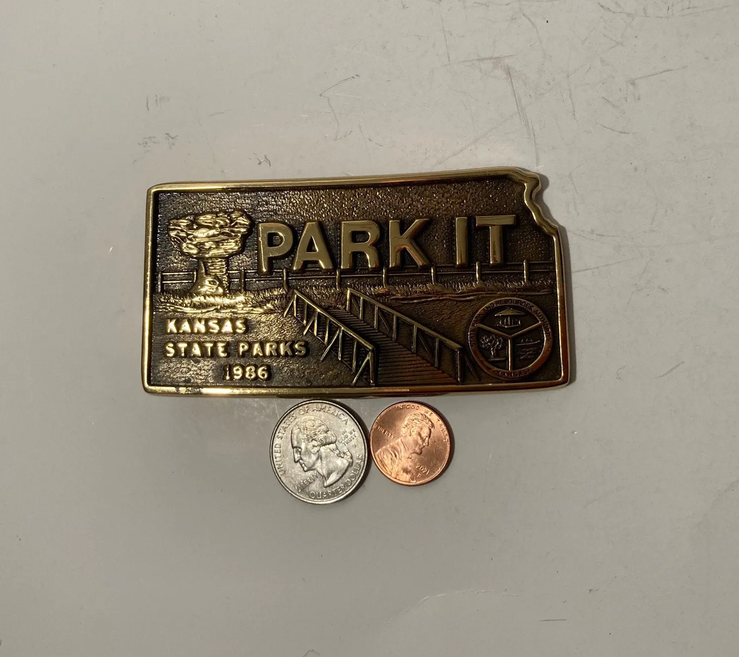 Vintage 1986 Metal Belt Buckle, Brass, Park It, Kansas State Parks, America's Central Park, States Park and Resource Authority