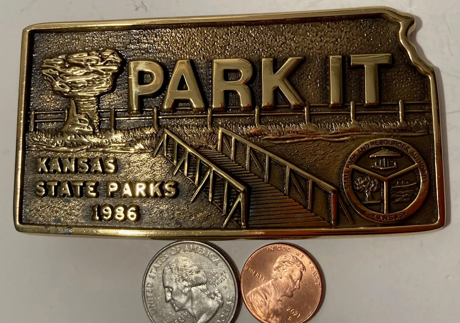 Vintage 1986 Metal Belt Buckle, Brass, Park It, Kansas State Parks, America's Central Park, States Park and Resource Authority