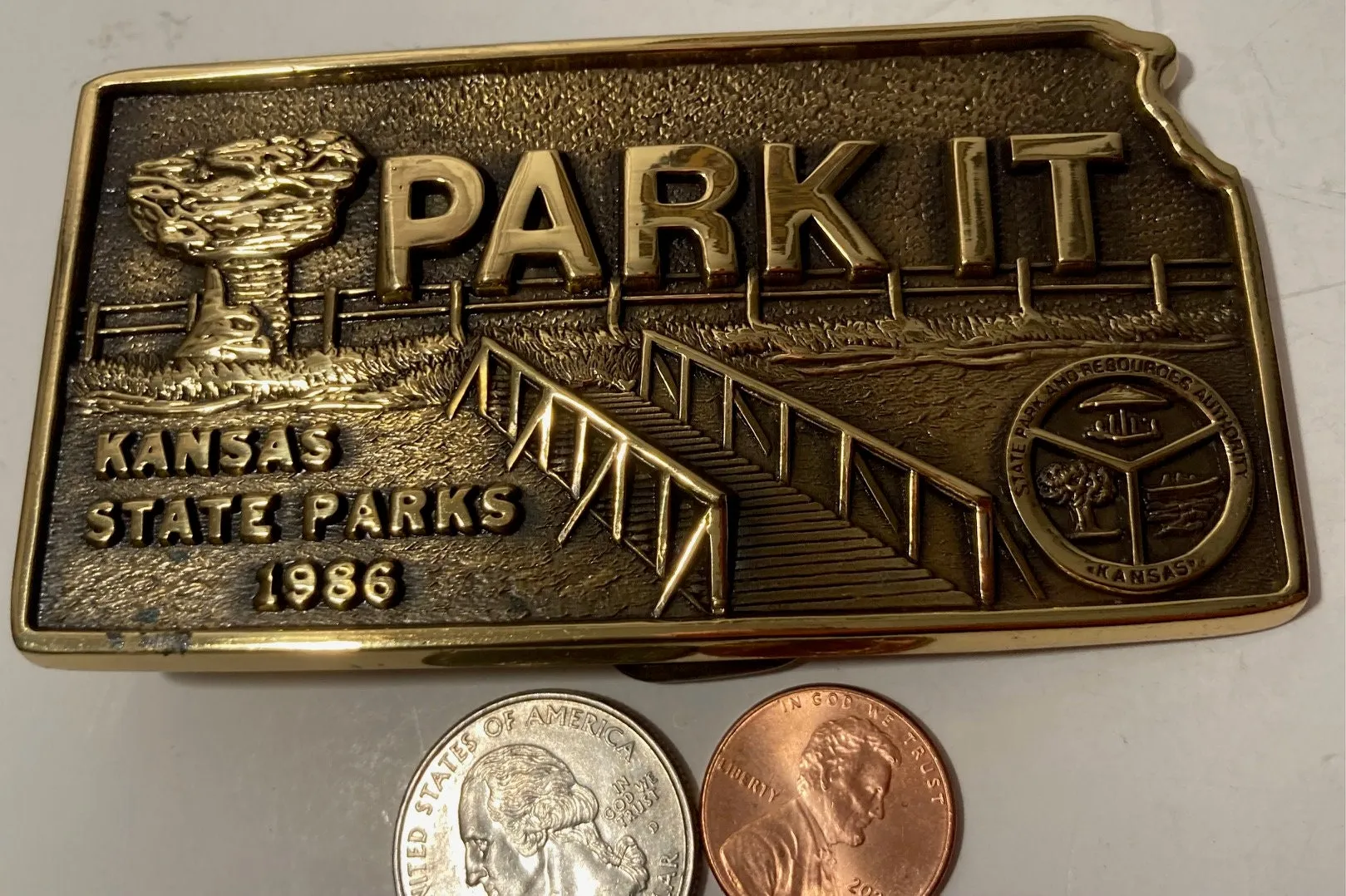 Vintage 1986 Metal Belt Buckle, Brass, Park It, Kansas State Parks, America's Central Park, States Park and Resource Authority