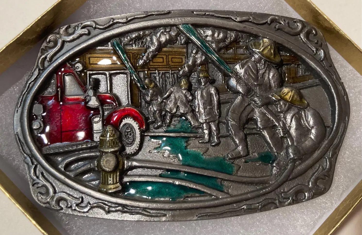 Vintage 1991 Metal Belt Buckle, Firemen, Fire Truck, Fire Department, Enamel, Nice Western Design,  3 1/2" x 2 1/4", Heavy Duty