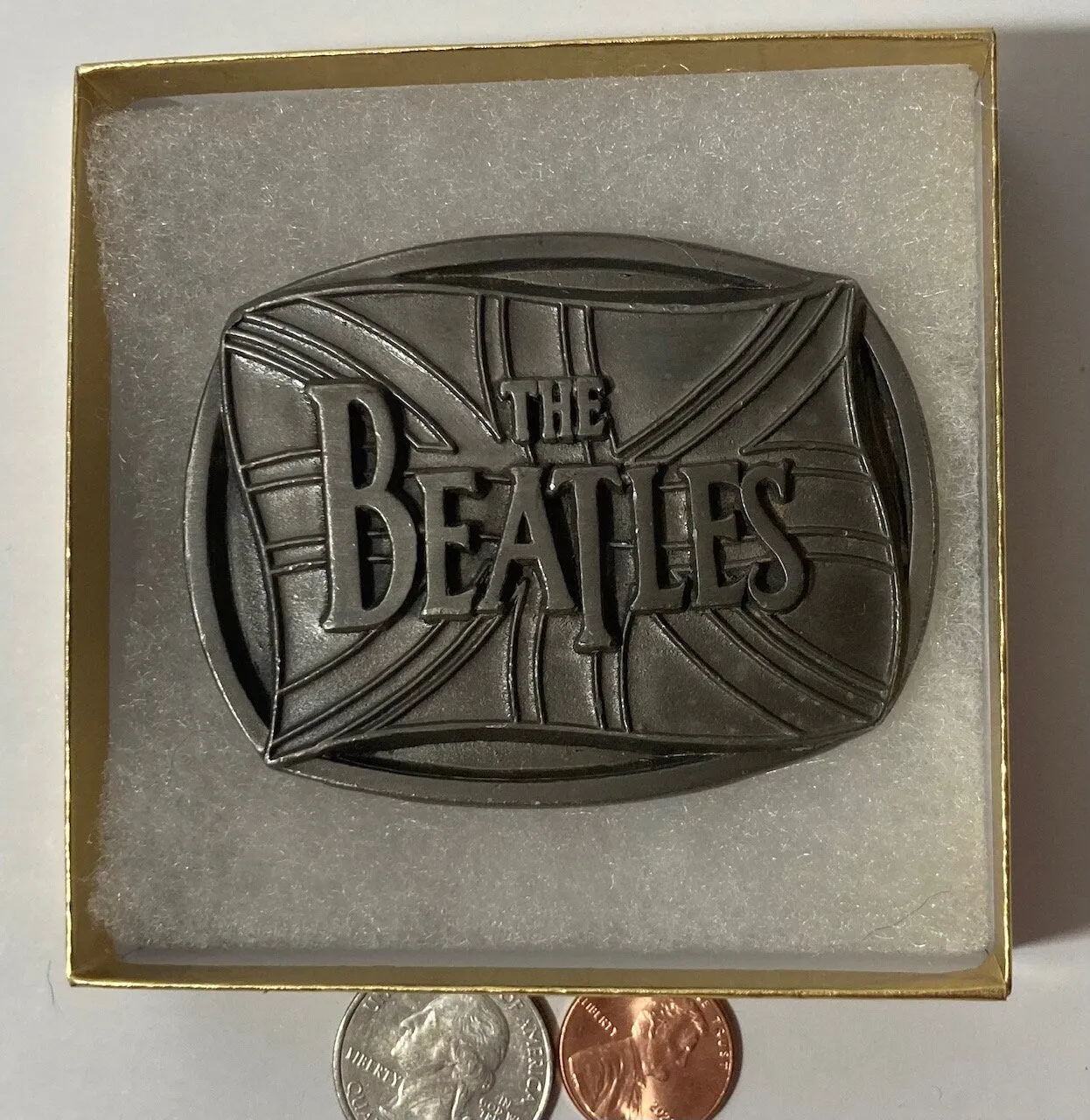 Vintage 1992 Metal Belt Buckle, The Beatles, Music, London, John Lennon, Nice Western Design, 3" x 2 1/4", Heavy Duty, Quality, Thick Metal