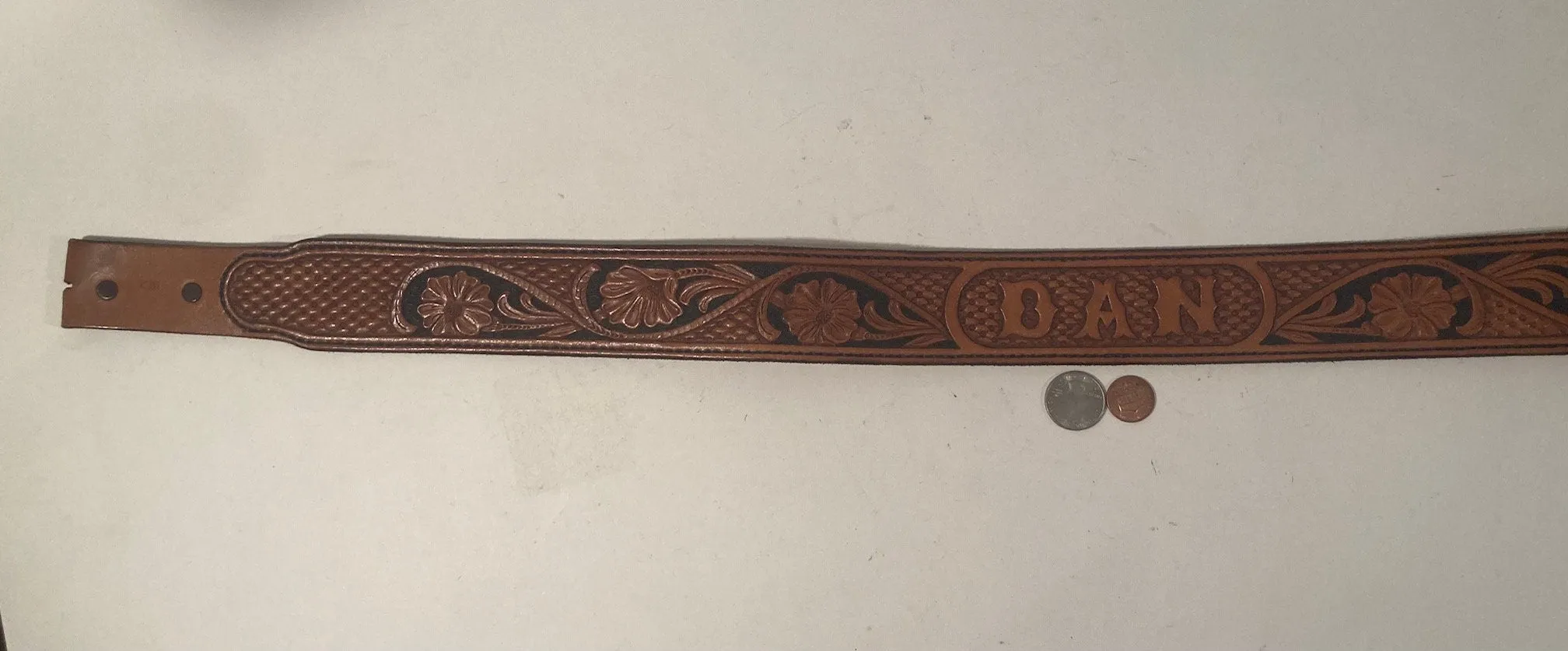 Vintage Leather Belt, Hand Tooled, Dan, Danny, Daniel, Belts, Quality, Made in USA, Size 34 to 37, Country and Western, Western Wear