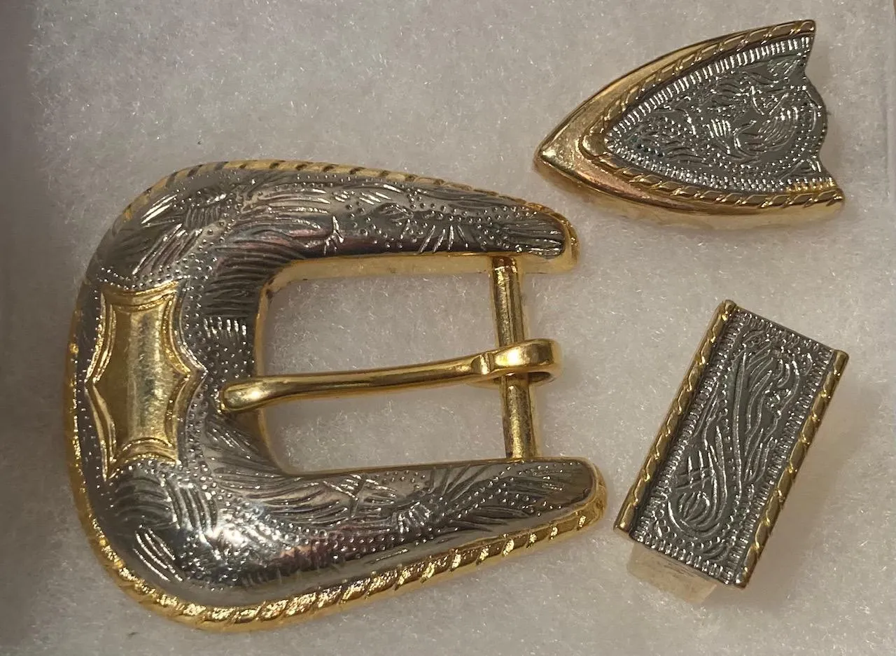 Vintage Metal Belt Buckle, 3 Piece Matching Set, Brass, Nice Design, Nice Western Style Design, 1 3/4" x 1 3/4", Heavy Duty, Quality