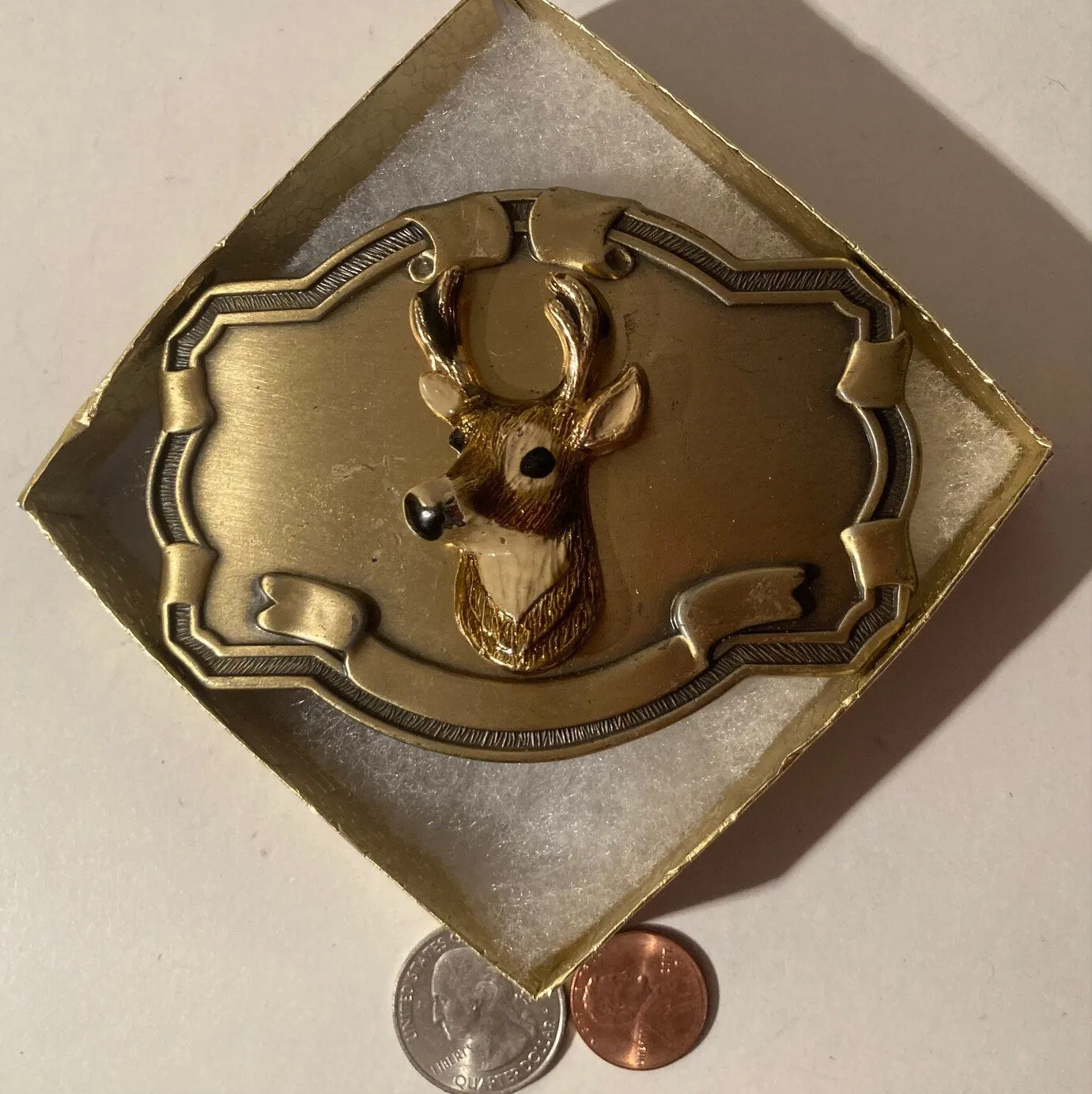 Vintage Metal Belt Buckle, Brass, Buck, Deer, Whitetail, Nature, Wildlife, Hunting, Nice Western Design, 3 3/4" x 2 3/4", Heavy Duty