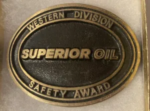 Vintage Metal Belt Buckle, Brass, Superior Oil, Petroleum, Gas, Energy, Nice Western Style Design, 3 1/4" x 2 1/4", Heavy Duty, Quality