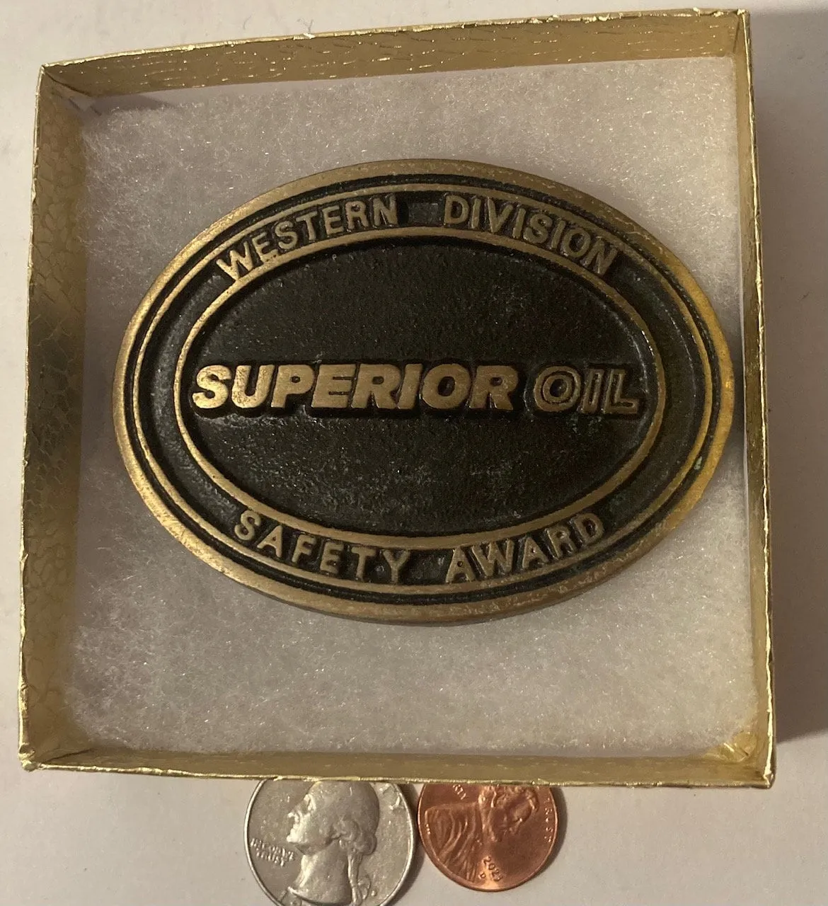 Vintage Metal Belt Buckle, Brass, Superior Oil, Petroleum, Gas, Energy, Nice Western Style Design, 3 1/4" x 2 1/4", Heavy Duty, Quality