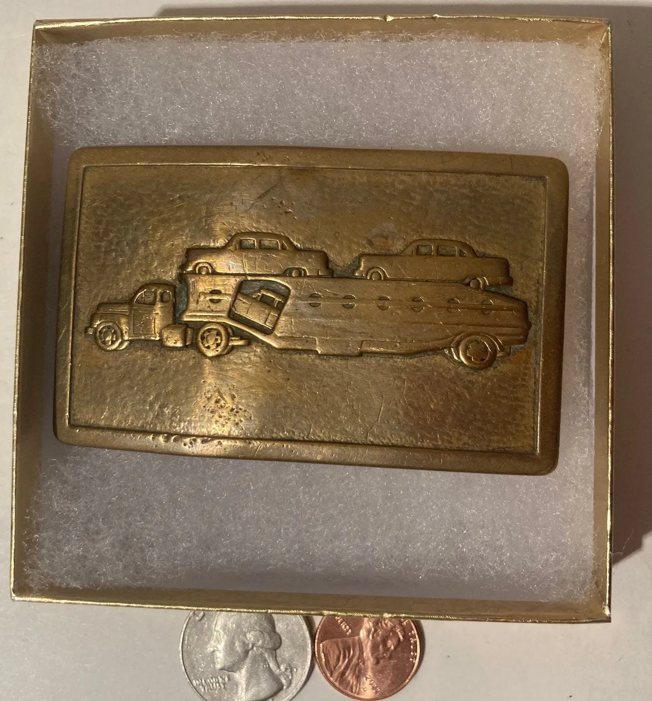 Vintage Metal Belt Buckle, Brass, Vintage Antique Car Hauler with Cars, Cool, 3" x 2", Heavy Duty, Quality, For Belts, Made in USA