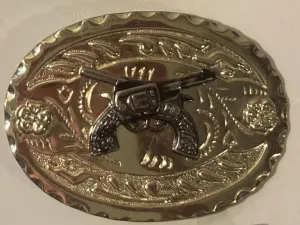 Vintage Metal Belt Buckle, Metal Crossed Guns, Nice Design, Standard Size, Heavy Duty, Quality, Thick Metal, For Belts, Fashion, Shelf