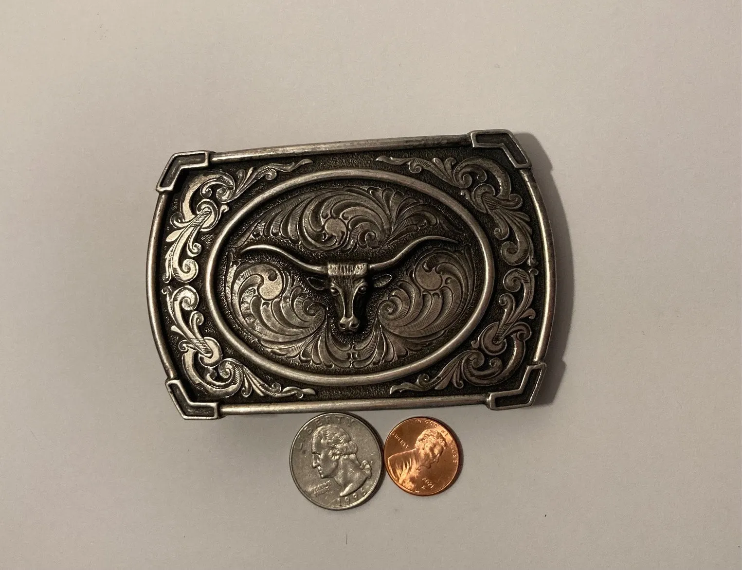 Vintage Metal Belt Buckle, Montana Silversmiths, Longhorn, Bull, Nice Design, 4" x 2 1/2", Heavy Duty, Quality, Thick Metal, Made in USA