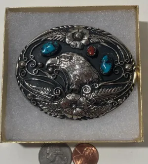 Vintage Metal Belt Buckle, Nice American Bald Eagle, Blue and Red Turquoise Stones, Handcrafted, Nice Design, 3 1/4" x 2 1/2", Heavy Duty