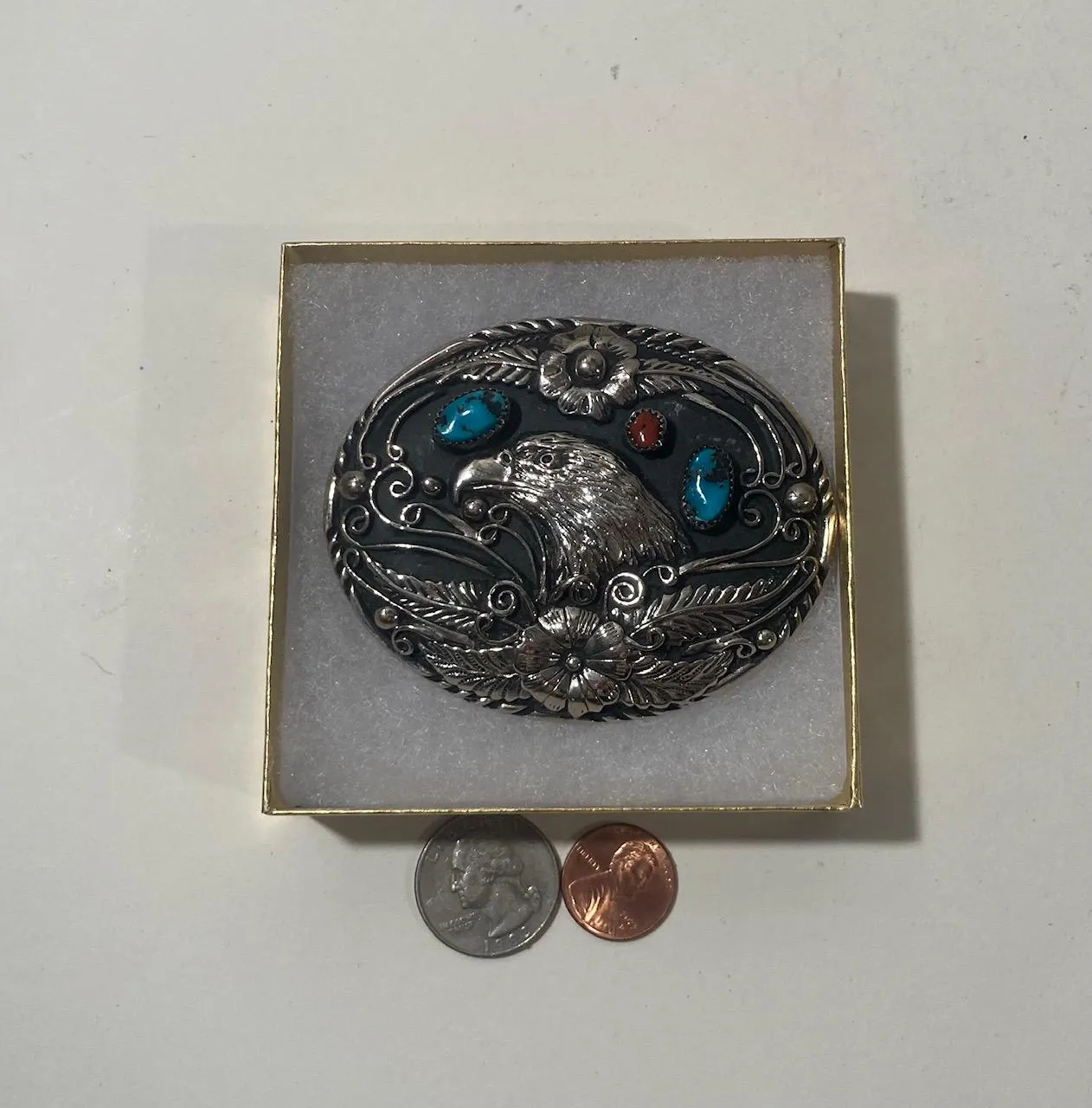 Vintage Metal Belt Buckle, Nice American Bald Eagle, Blue and Red Turquoise Stones, Handcrafted, Nice Design, 3 1/4" x 2 1/2", Heavy Duty