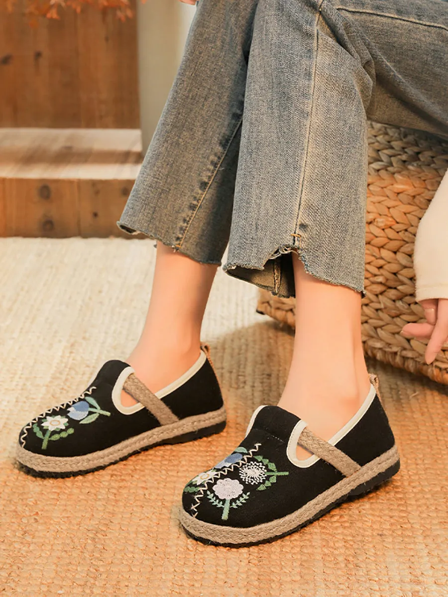 Women Artsy Summer Linen Flower Embroidery Shoes