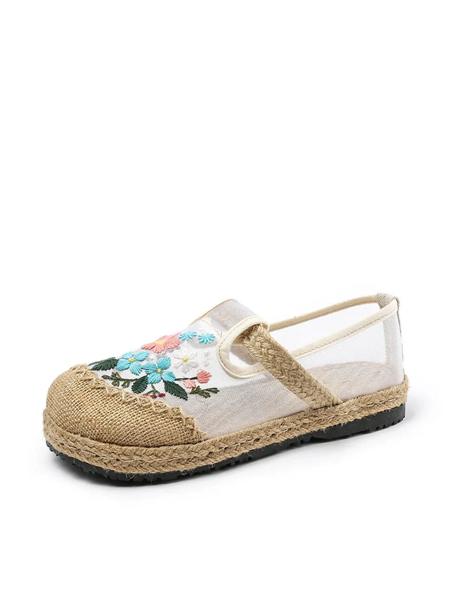 Women Summer Vintage Embroidery Linen Flat Shoes