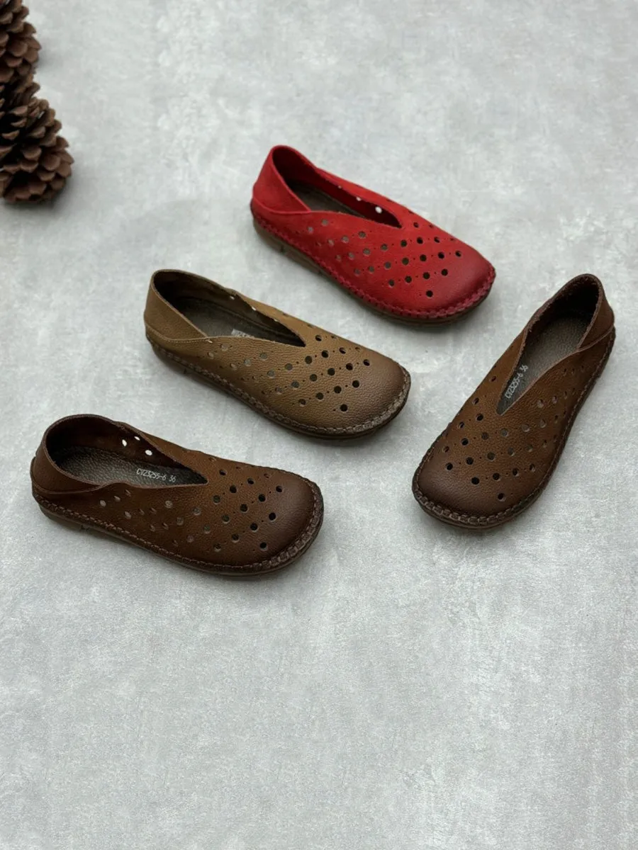 Women Summer Vintage Leather Cutout Flat Shoes