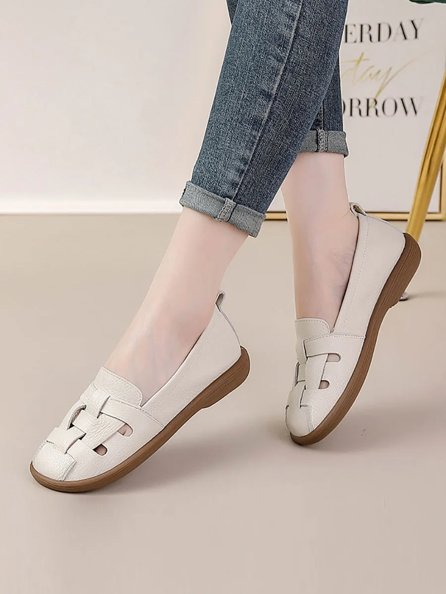 Women Summer Vintage Leather Soft  Weave Flat Shoes