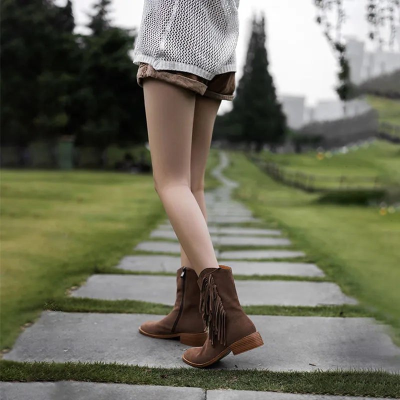 Women's Nubuck Leather Mid Calf Tassels Boots With Side Zipper In Camel/Khaki