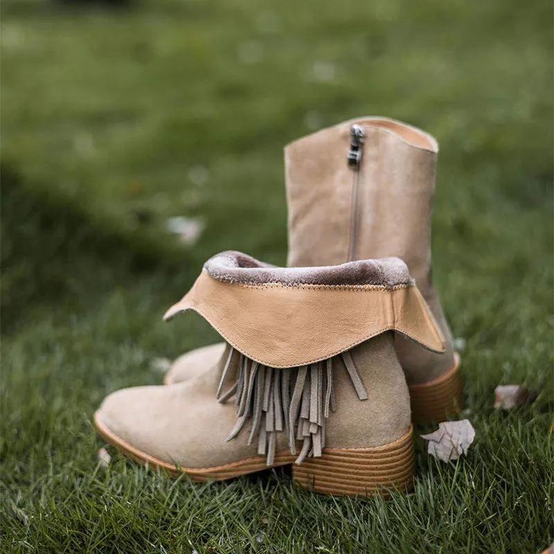 Women's Nubuck Leather Mid Calf Tassels Boots With Side Zipper In Camel/Khaki